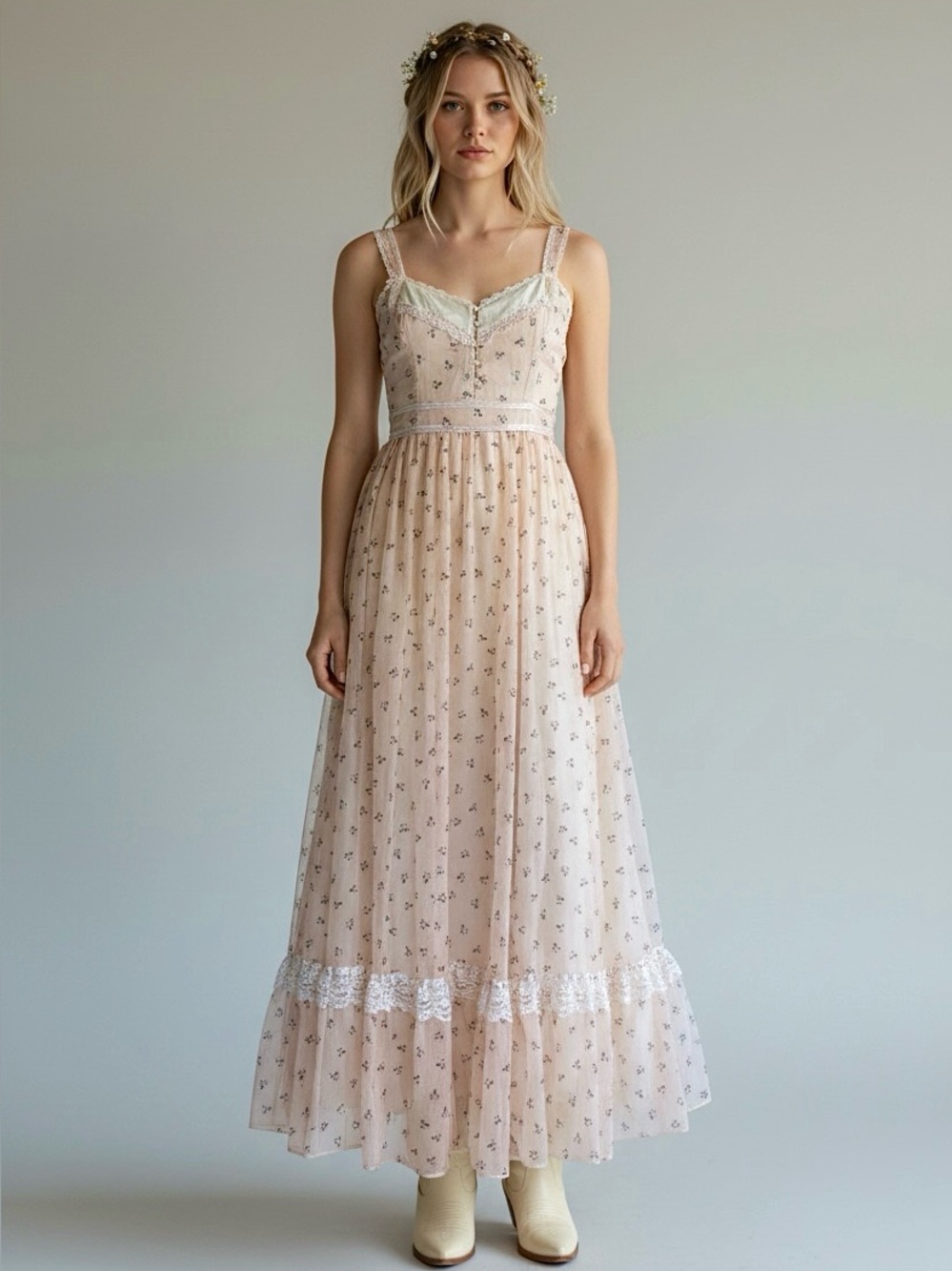 70s Gunne Sax Prairie Dress XS - Pink Calico Floral Maxi Dress - Deadstock